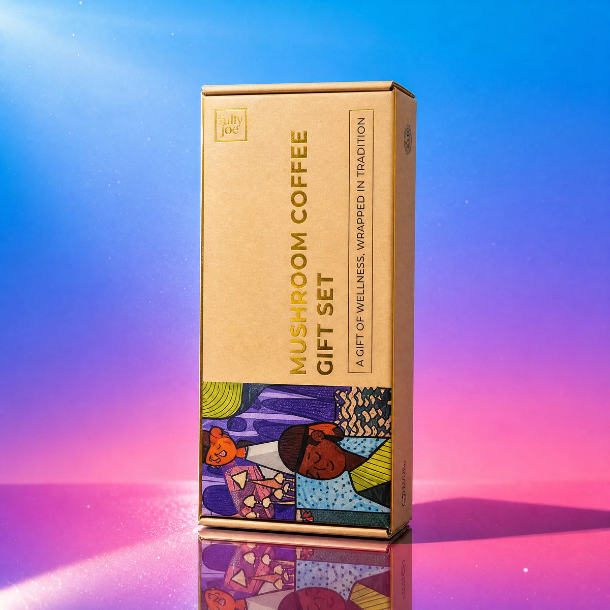 A box labeled "Mushroom Coffee Gift Set" by Fully Nutrition stands upright against a pink and blue gradient background, showcasing colorful artwork on the lower part of the packaging.
