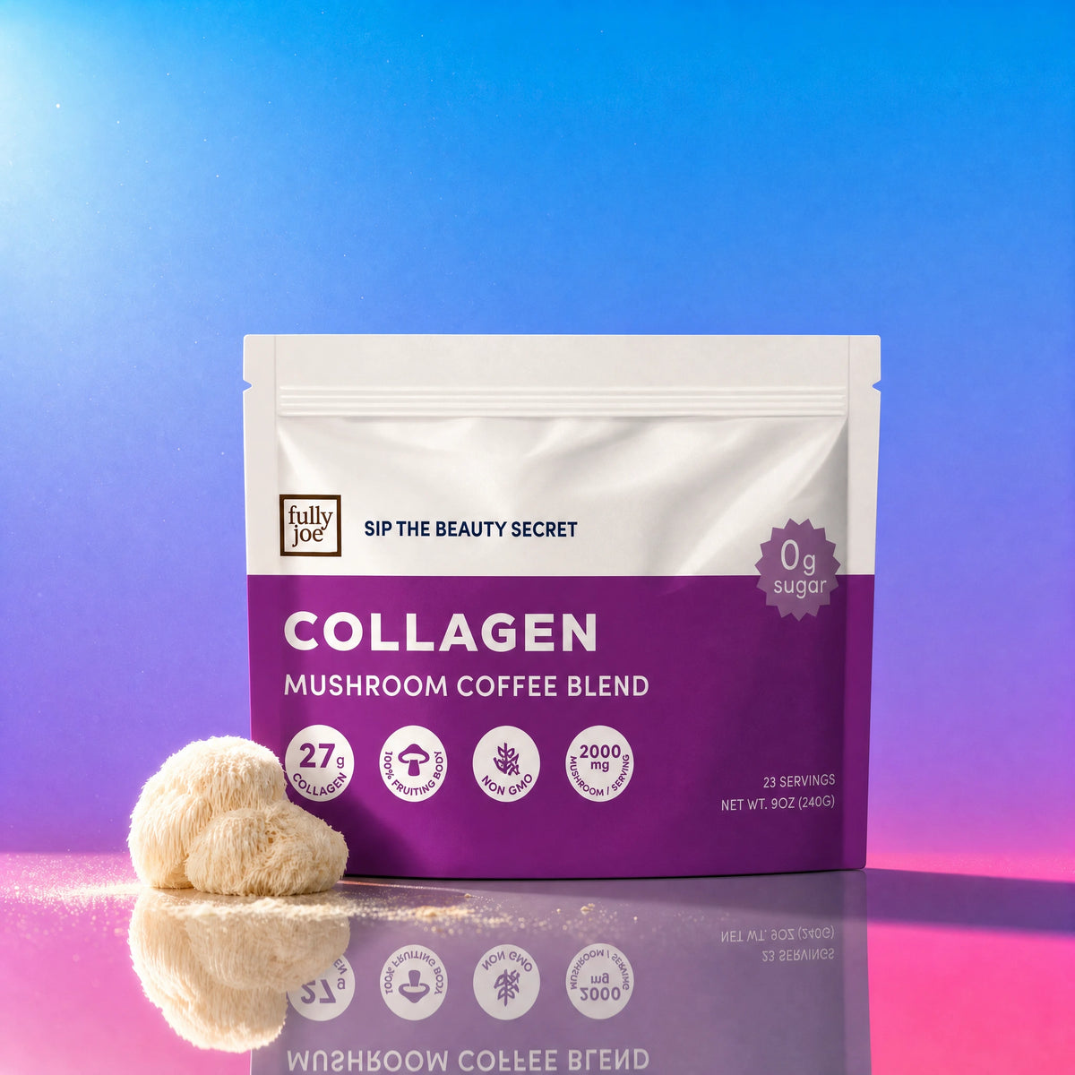 A pouch of Fully Nutrition Collagen Mushroom Coffee from Fully Nutrition—blended with collagen coffee and brain-supporting mushrooms—stands beside a mushroom against a pink and blue gradient background.