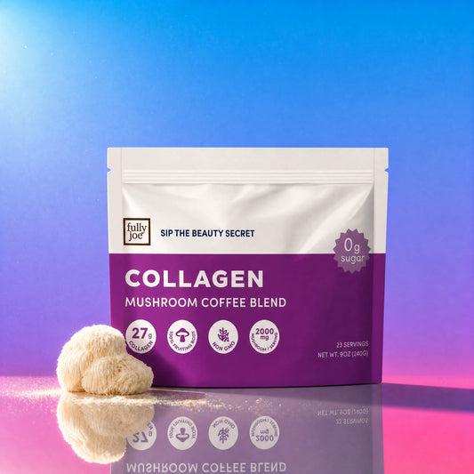 A pouch of Fully Nutrition Collagen Mushroom Coffee from Fully Nutrition—blended with collagen coffee and brain-supporting mushrooms—stands beside a mushroom against a pink and blue gradient background.