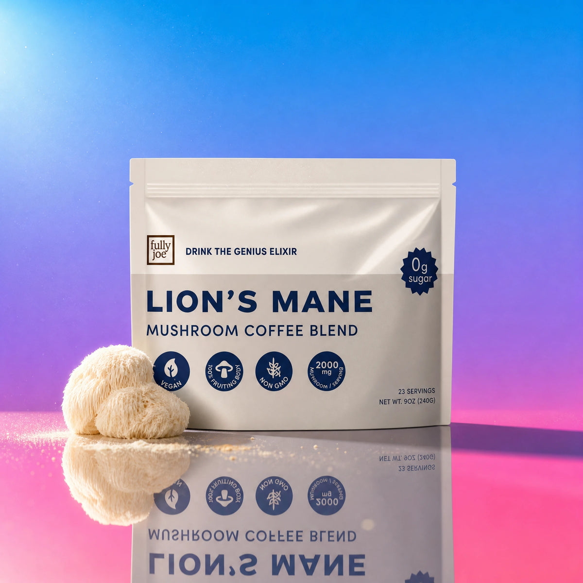 A packet of Fully Nutrition Lion's Mane Coffee from Fully Nutrition stands upright next to a lion’s mane mushroom against a blue and pink gradient background.