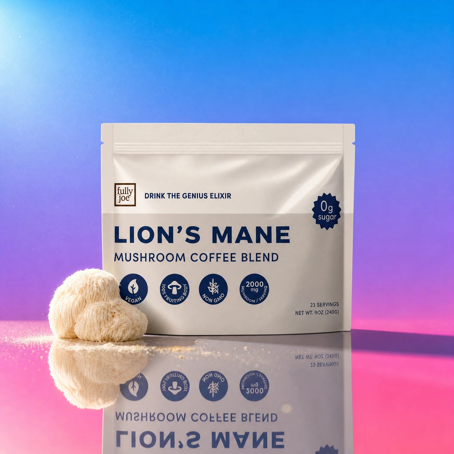 A package of Fully Nutrition Lion's Mane stands next to a Lion’s Mane mushroom against a gradient blue and pink background.
