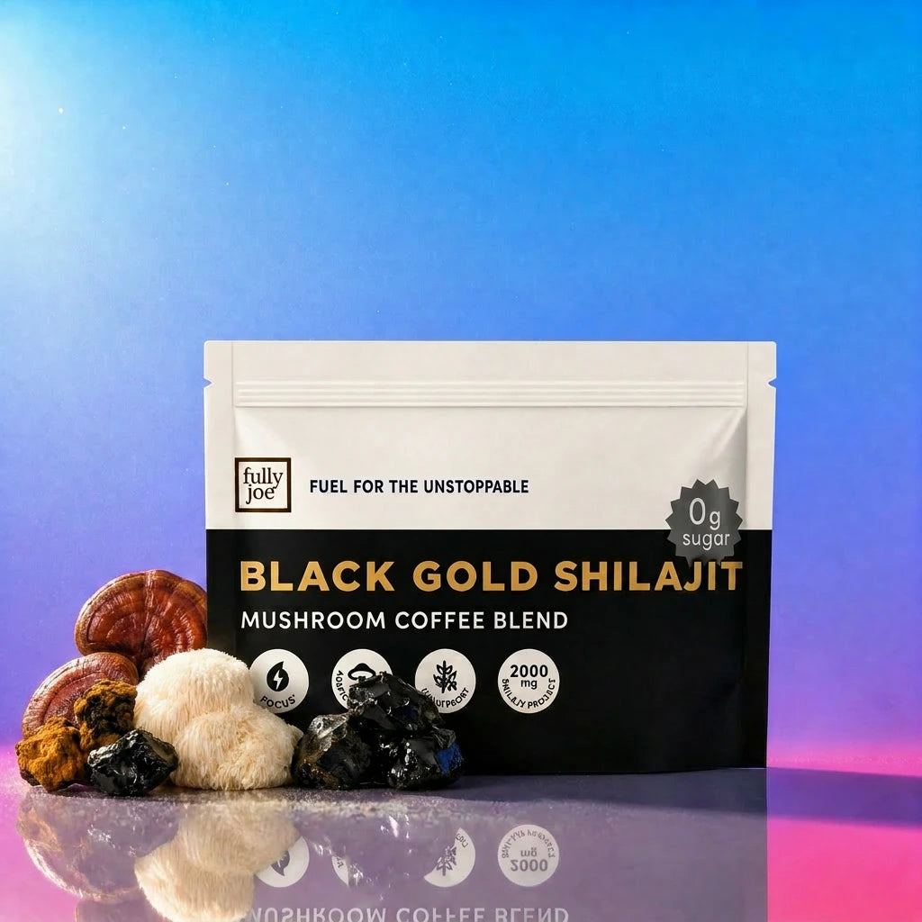 A package of Fully Nutrition Shilajit Coffee from Fully Nutrition is displayed in front of various mushrooms and shilajit pieces, set against a purple and blue gradient background.