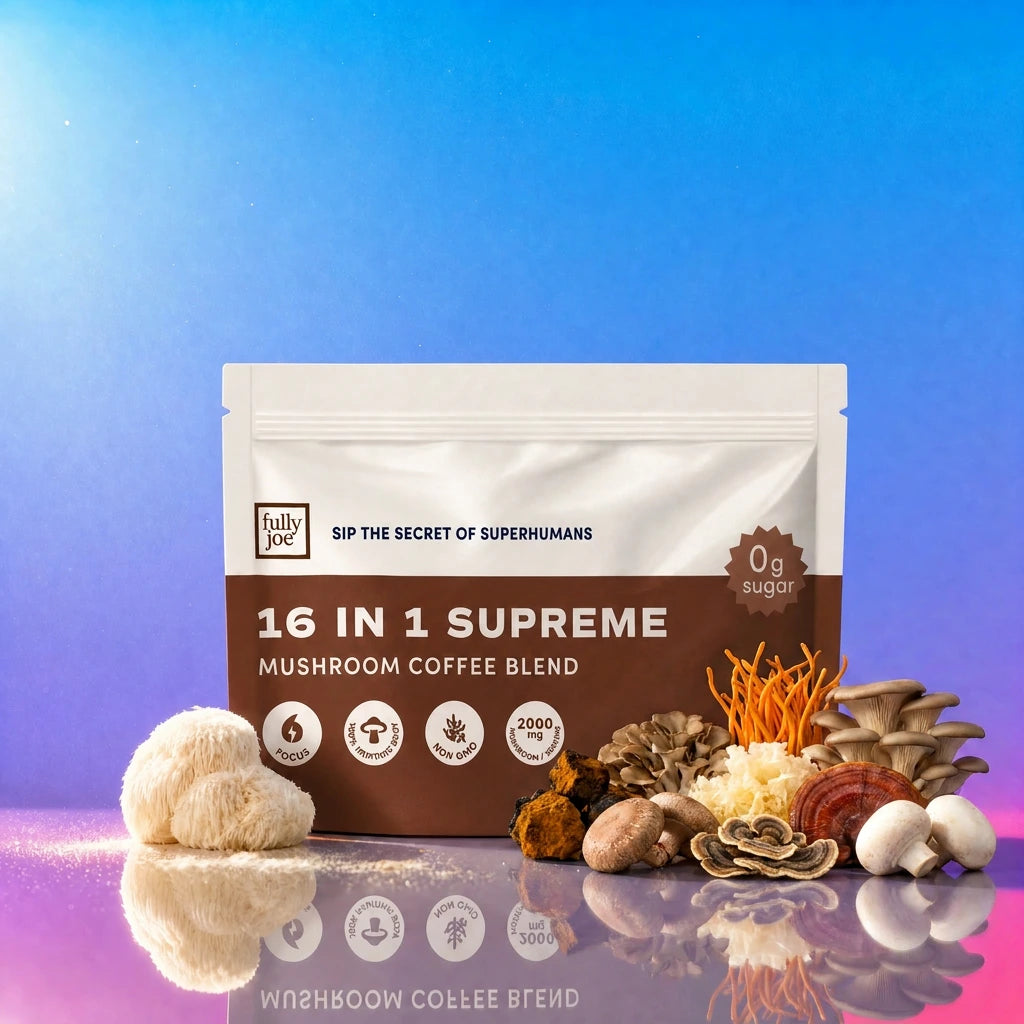A bag labeled "Fully Nutrition 16 in 1 Mushroom Blend Coffee" from the brand Fully Nutrition is surrounded by a variety of whole mushrooms on a reflective surface against a gradient blue-purple background.