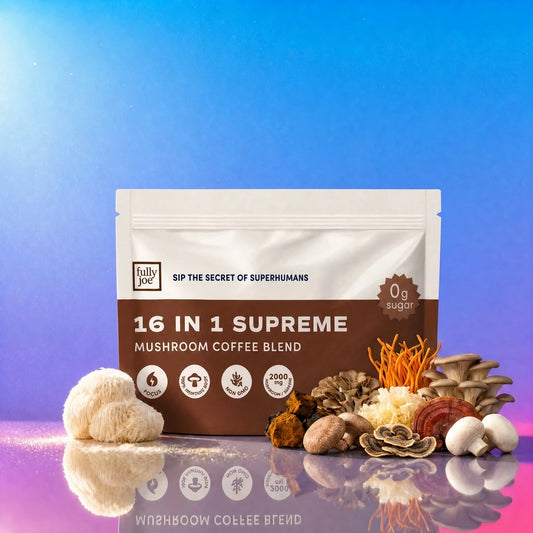 A bag labeled "Fully Nutrition 16 in 1 Mushroom Blend Coffee" from the brand Fully Nutrition is surrounded by a variety of whole mushrooms on a reflective surface against a gradient blue-purple background.