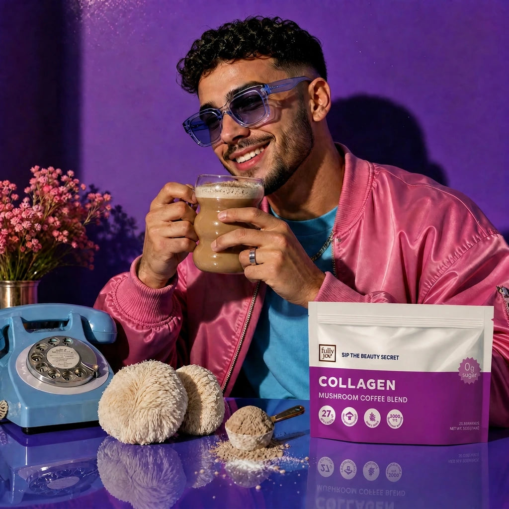 A man in a pink jacket enjoys coffee at a purple table with a bag of Fully Nutrition Collagen Mushroom Coffee, brain-boosting mushrooms, a blue rotary phone, and a vase of pink flowers.