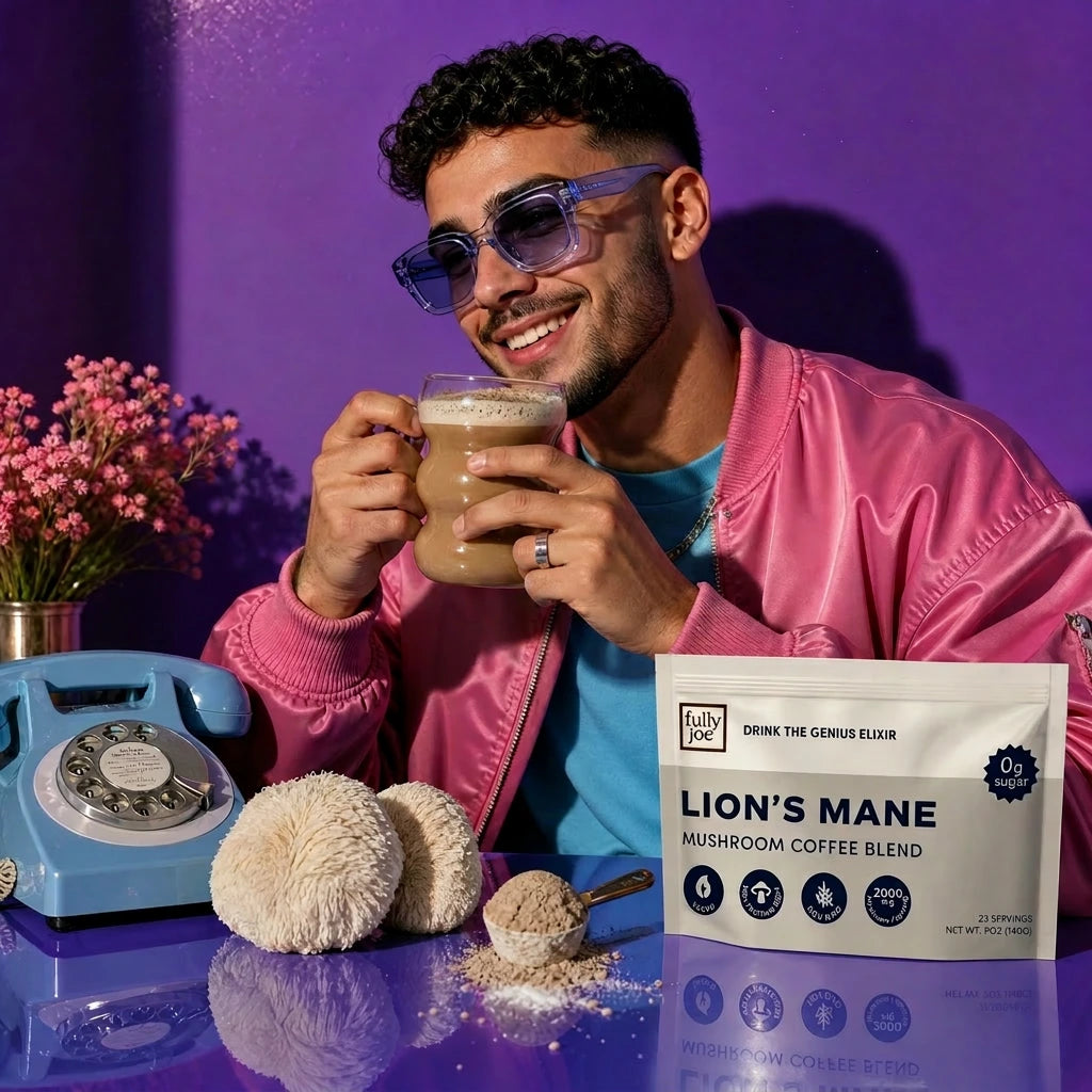 A man in a pink jacket and blue sunglasses drinks coffee at a purple table with Fully Nutrition Lion's Mane mushroom coffee, mushrooms, a blue rotary phone, and a vase of flowers.