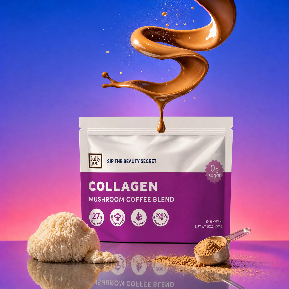 A pouch of Fully Nutrition Collagen Mushroom Coffee rests on a reflective surface, accompanied by a scoop of powder, a mushroom, and swirling coffee rising above—all set against a striking purple and blue gradient backdrop. Infused with brain-boosting mushrooms, this collagen coffee from Fully Nutrition brings wellness and sophistication to every cup.