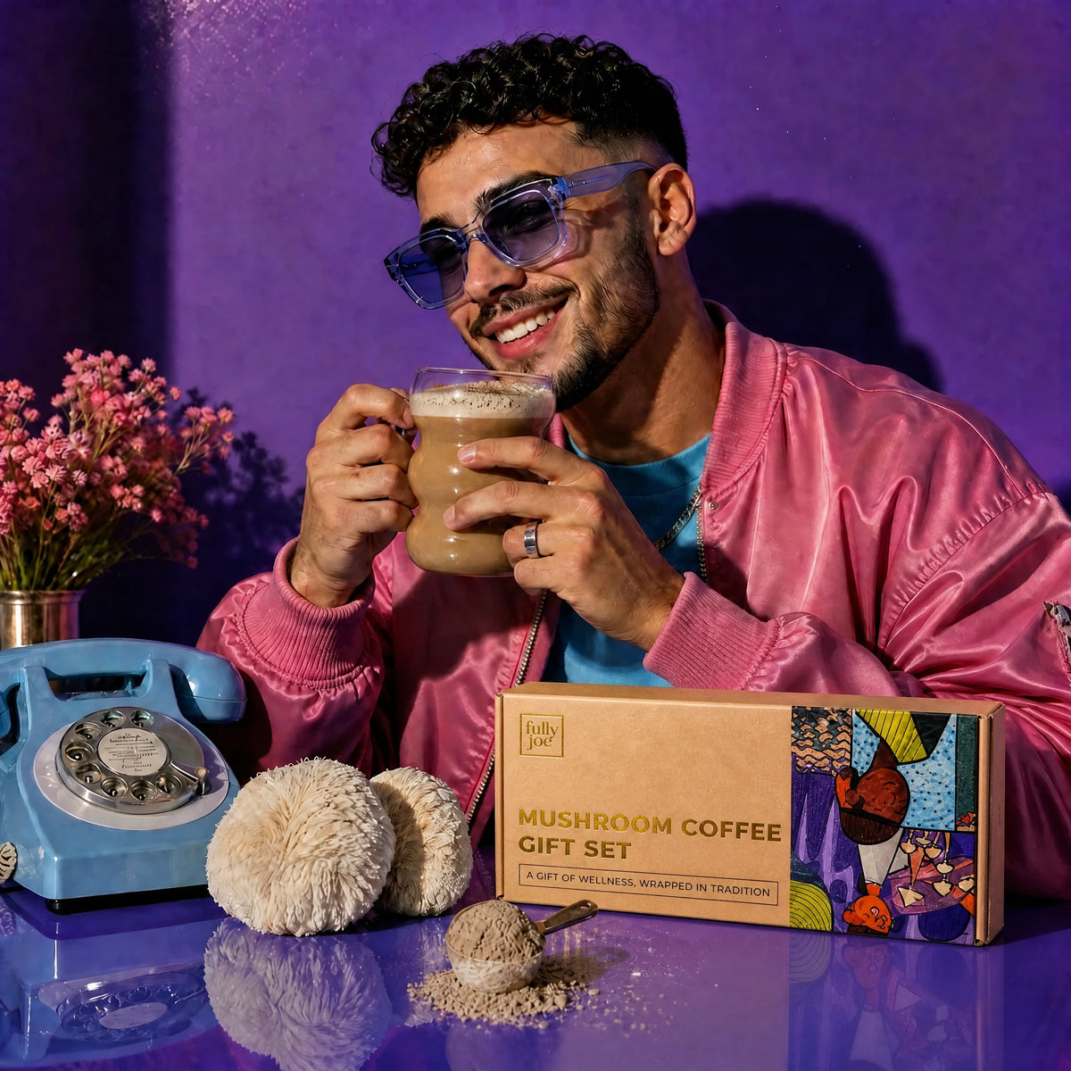 A man in a pink jacket and blue glasses smiles while holding a mug of coffee next to the Fully Nutrition Mushroom Coffee Gift Set, a vintage blue phone, flowers, and dried mushrooms on a purple table.