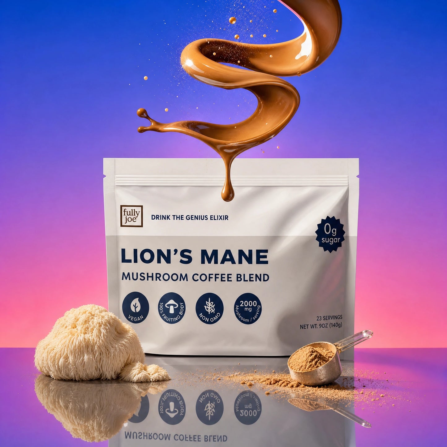 A package of Fully Nutrition Lion's Mane is shown with a coffee splash above, a lion’s mane mushroom, and a scoop of powder on a reflective surface.