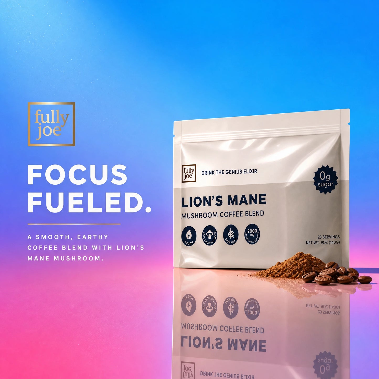 A bag of Lion's Mane by Fully Nutrition is shown on a pink and blue gradient background with coffee beans and powder, highlighting its smooth, earthy flavor and sugar-free formula.