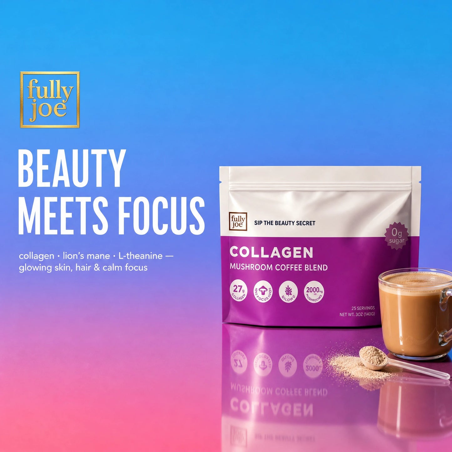 A bag of Fully Nutrition Collagen Mushroom Coffee, infused with brain-boosting mushrooms for age-defying beauty, sits next to a glass of collagen coffee and a spoonful of powder, set against a pink and blue gradient background.