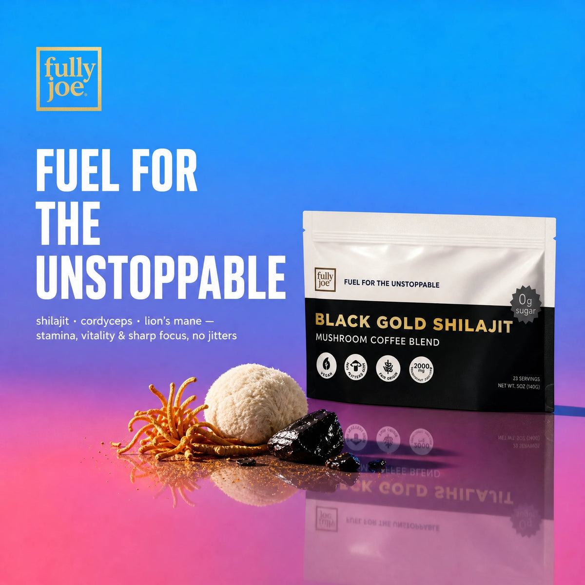 A package of Fully Nutrition Shilajit Coffee by Fully Nutrition is displayed with its ingredients and the text: "Fuel for the unstoppable" on a blue and purple background.