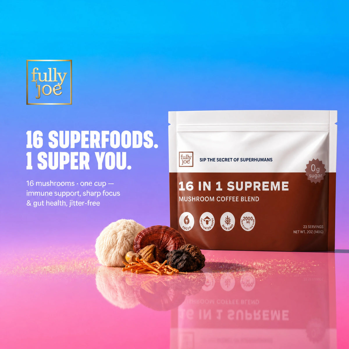 A bag of Fully Nutrition 16 in 1 Mushroom Blend Coffee from Fully Nutrition stands next to assorted mushrooms on a pink surface, with text highlighting the coffee’s powerful superfood benefits.