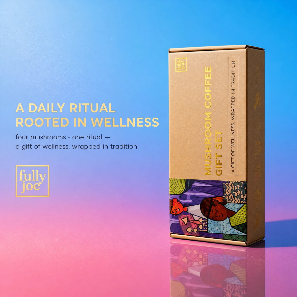 A box of Fully Nutrition’s Mushroom Coffee Gift Set stands upright on a pink and blue gradient surface, accompanied by the phrase "A daily ritual rooted in wellness" displayed beside it.