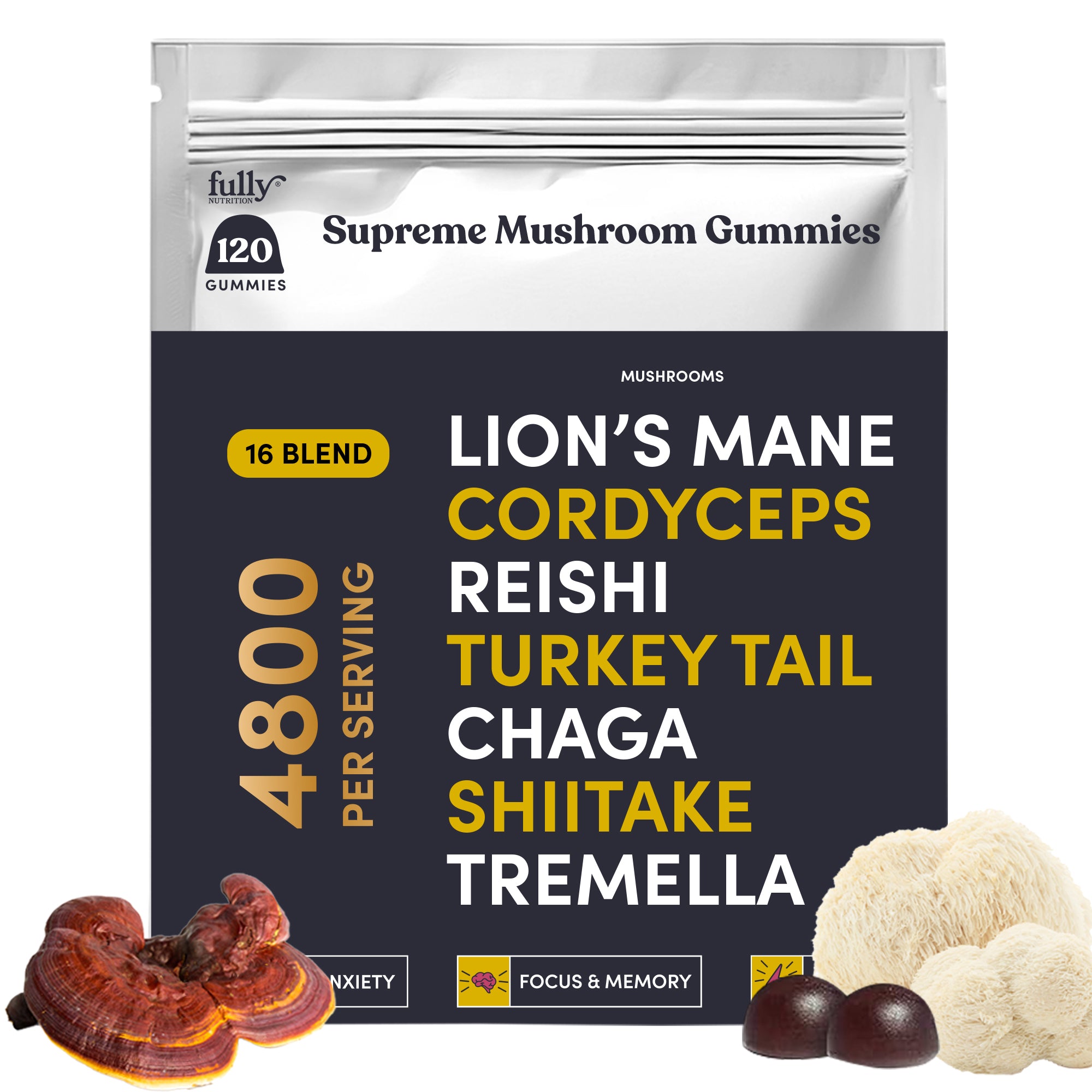 A bag labeled "Fully Nutrition 16 in 1 Mushroom Gummies" from the brand Fully Nutrition, featuring images of mushrooms and text listing different mushroom varieties along with health benefits such as support for focus, memory, and relief from anxiety.