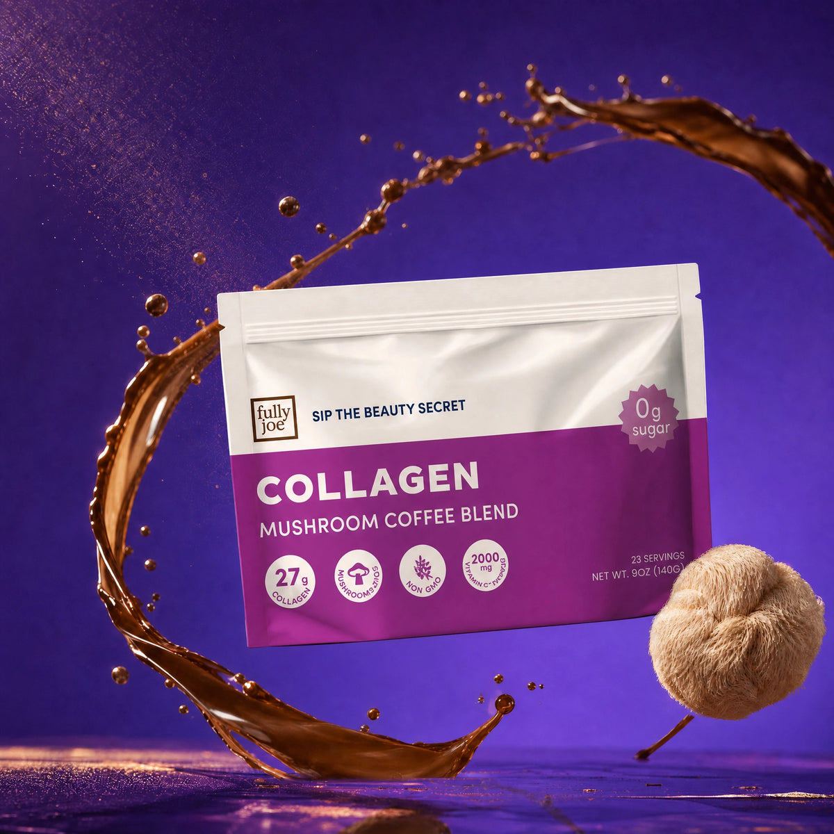 A packet of Fully Nutrition Collagen Mushroom Coffee from Fully Nutrition, displaying collagen coffee splashes and a mushroom against a purple background, highlights the brain-boosting benefits of mushrooms and age-defying beauty support.