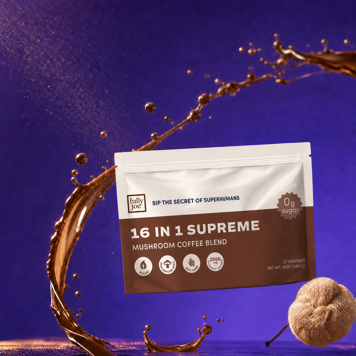 A packet of Fully Nutrition 16 in 1 Mushroom Blend Coffee is surrounded by a swirling splash of coffee against a purple background.