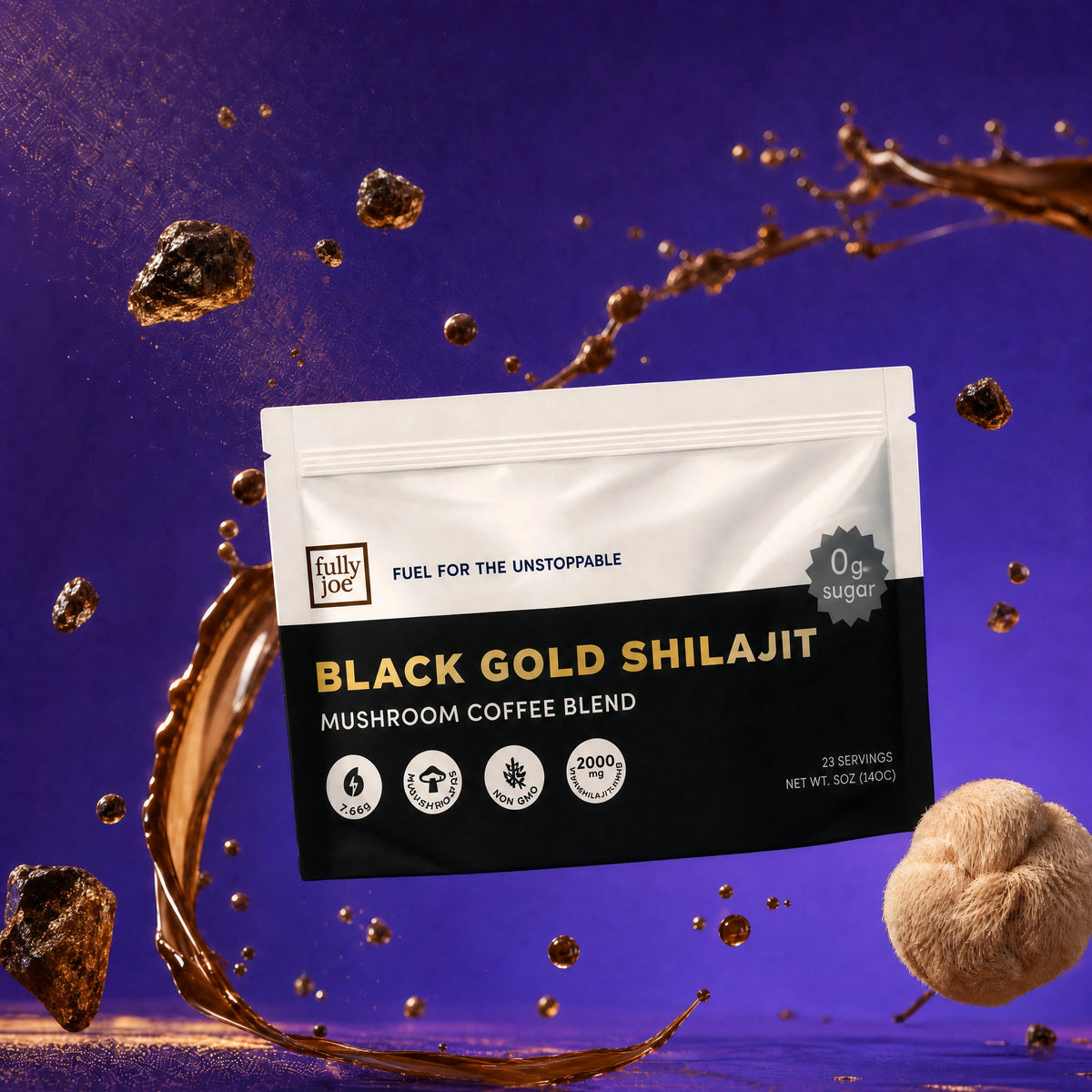 A package of Fully Nutrition Shilajit Coffee from Fully Nutrition is displayed against a purple background with floating coffee and mushroom elements.