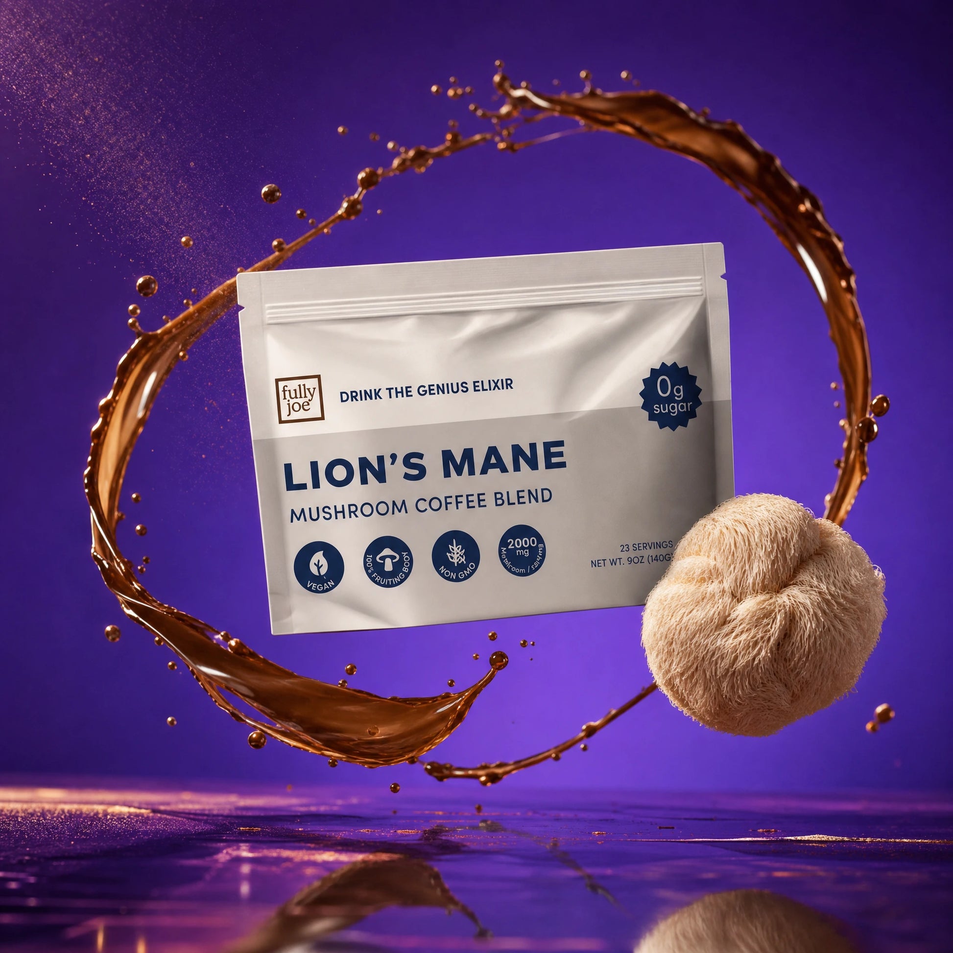 A packet of Fully Nutrition Lion's Mane coffee blend and a lion’s mane mushroom are suspended in a swirl of coffee against a purple background.
