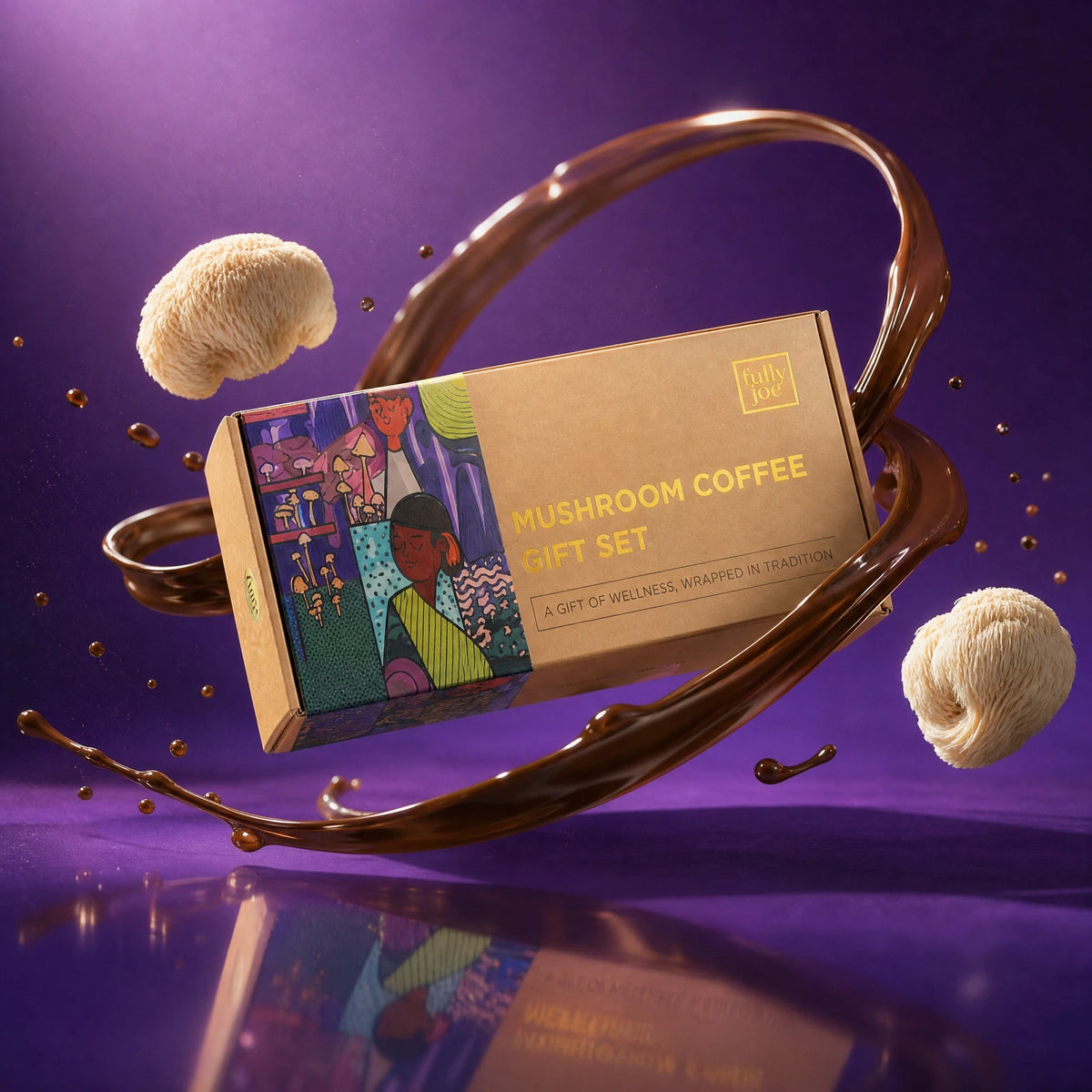 A box featuring the "Mushroom Coffee Gift Set" by Fully Nutrition floats among dancing mushrooms and swirling coffee on a purple background.