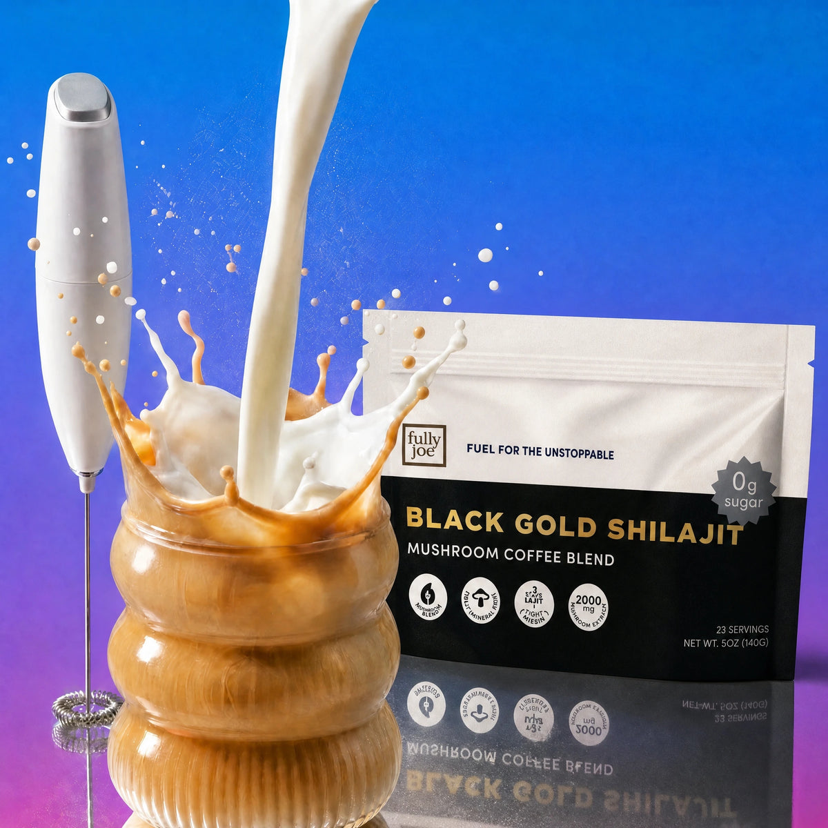 Milk splashes into a glass cup of coffee next to a handheld frother and a packet labeled "Fully Nutrition Shilajit Coffee" from Fully Nutrition, set against a blue and purple gradient background.