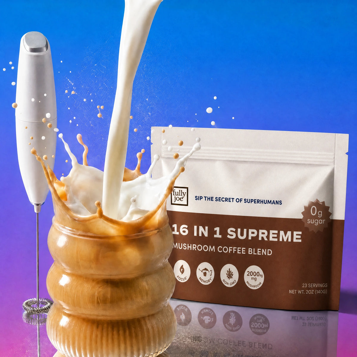 Milk splashes into a wooden cup of Fully Nutrition 16 in 1 Mushroom Blend Coffee, with a milk frother and a Fully Nutrition product packet on a purple and blue gradient background.