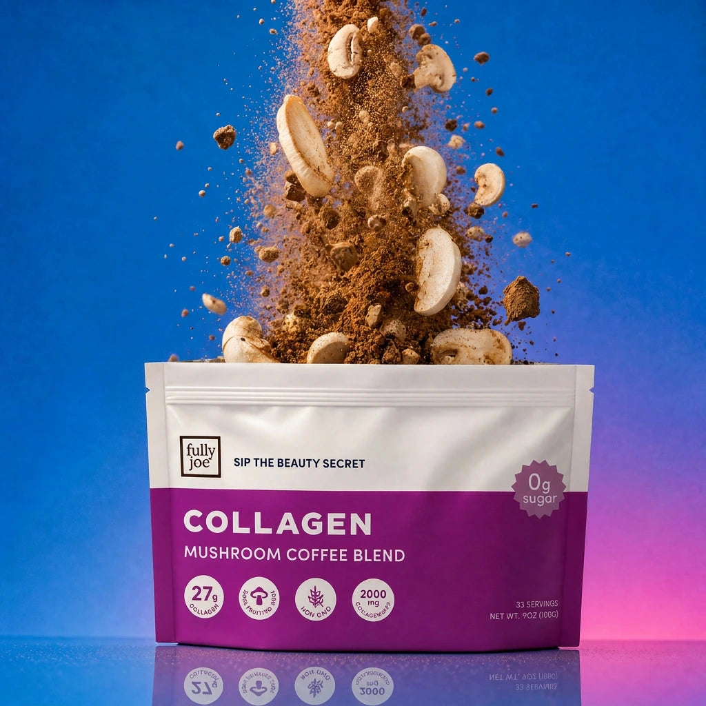 White and purple bag labeled "Fully Nutrition Collagen Mushroom Coffee," featuring coffee and mushroom slices bursting upward against a blue and pink gradient background—perfect for those seeking brain-boosting mushrooms and age-defying beauty in every sip from Fully Nutrition.