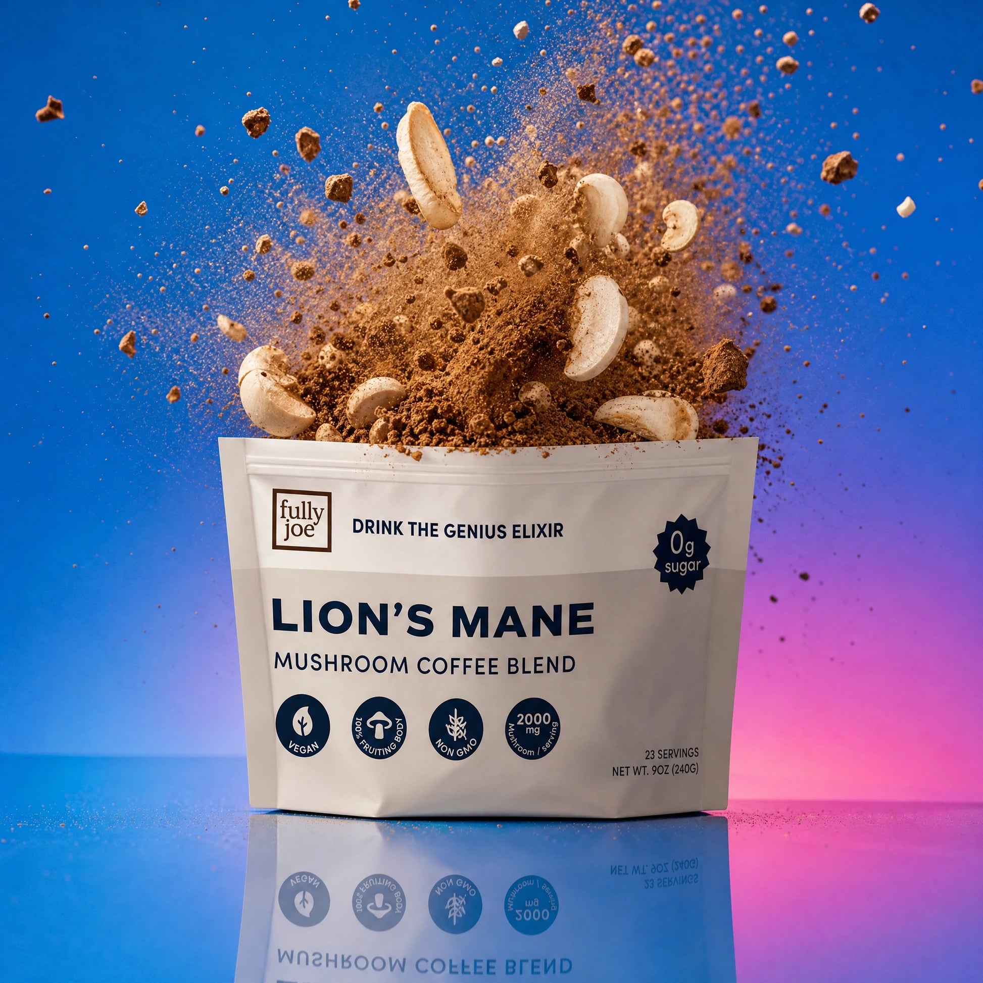 A pouch of Fully Nutrition Lion's Mane with coffee powder and mushroom slices bursting out against a pink and blue gradient background.