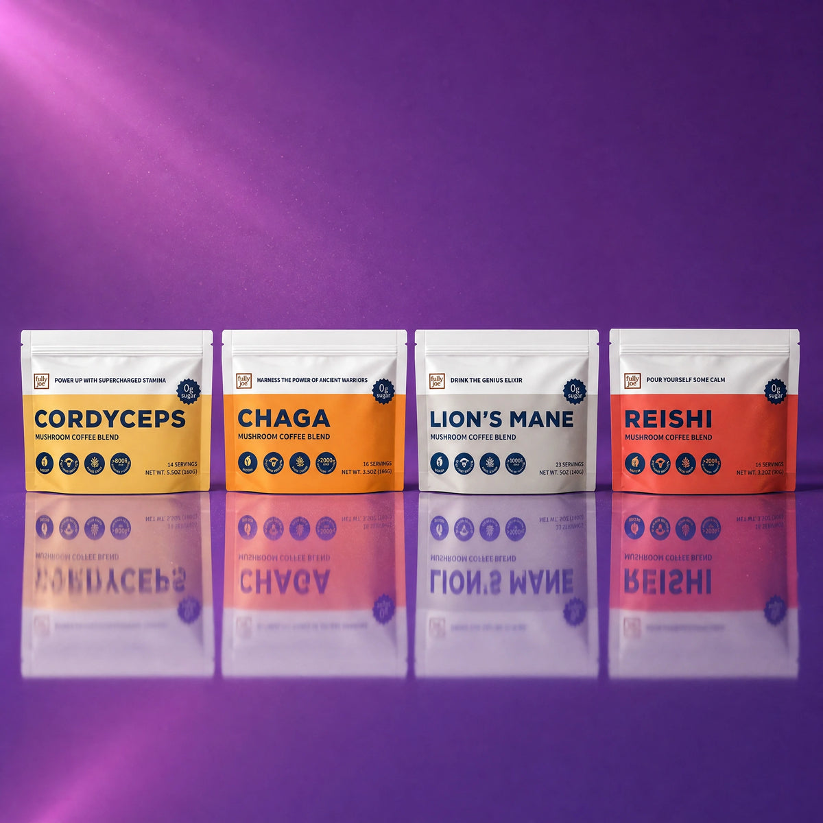 Four labeled packets from the Fully Nutrition Mushroom Coffee Gift Set—Cordyceps, Chaga, Lion’s Mane, and Reishi—stand in a row on a reflective surface against a purple background illuminated by light streaks.