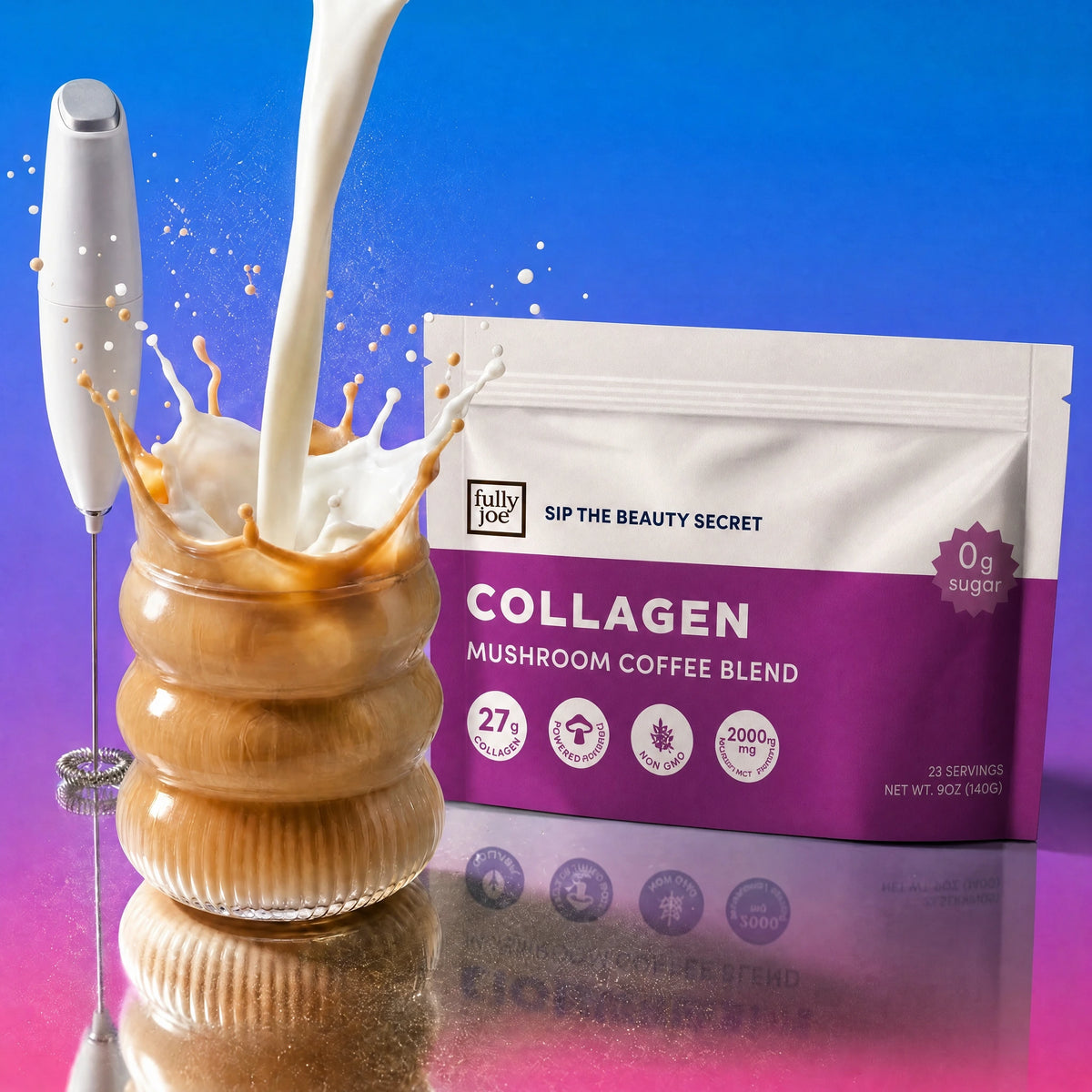 A glass of creamy coffee with milk splashing, a handheld frother, and a packet labeled "Fully Nutrition Collagen Mushroom Coffee" by Fully Nutrition rest on a gradient blue and pink background—showcasing the age-defying benefits and brain-boosting power of collagen coffee infused with functional mushrooms in every sip.