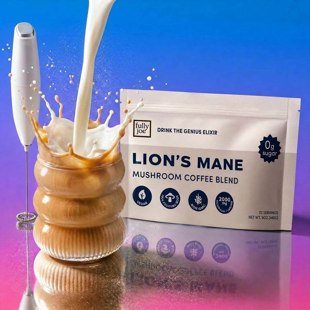 A hand frother and a glass of coffee with milk splashing beside a packet labeled "Lion's Mane" by Fully Nutrition.
