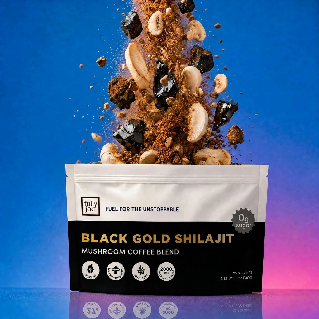 A packet labeled "Fully Nutrition Shilajit Coffee" from Fully Nutrition, with coffee grounds, mushrooms, and dark chunks bursting upward against a blue and pink background.