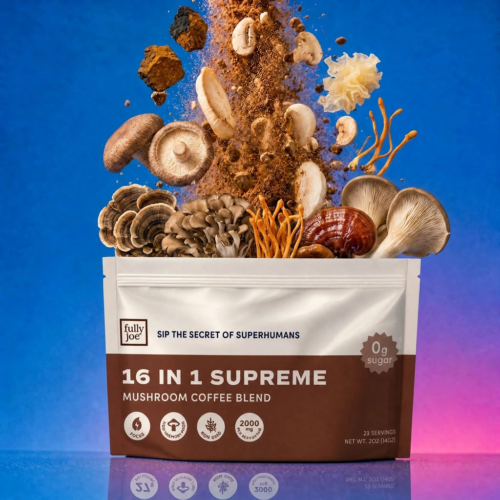 A white bag labeled "Fully Nutrition 16 in 1 Mushroom Blend Coffee" with a display of various mushrooms, spices, and coffee ingredients floating above it against a blue background.