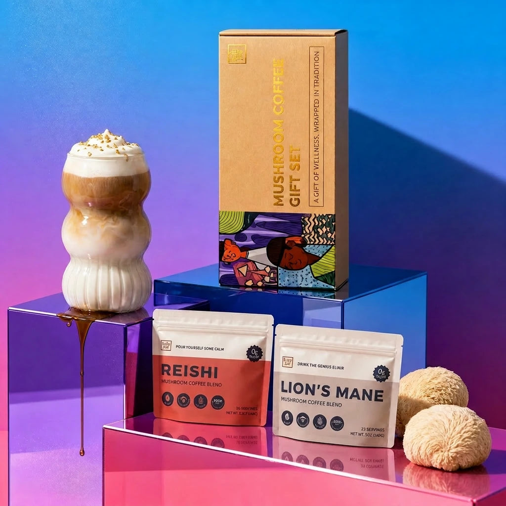 The Fully Nutrition Mushroom Coffee Gift Set features a boxed package containing two coffee blend pouches labeled Reishi and Lion’s Mane, a layered coffee beverage, and two mushroom-shaped items displayed on reflective surfaces.