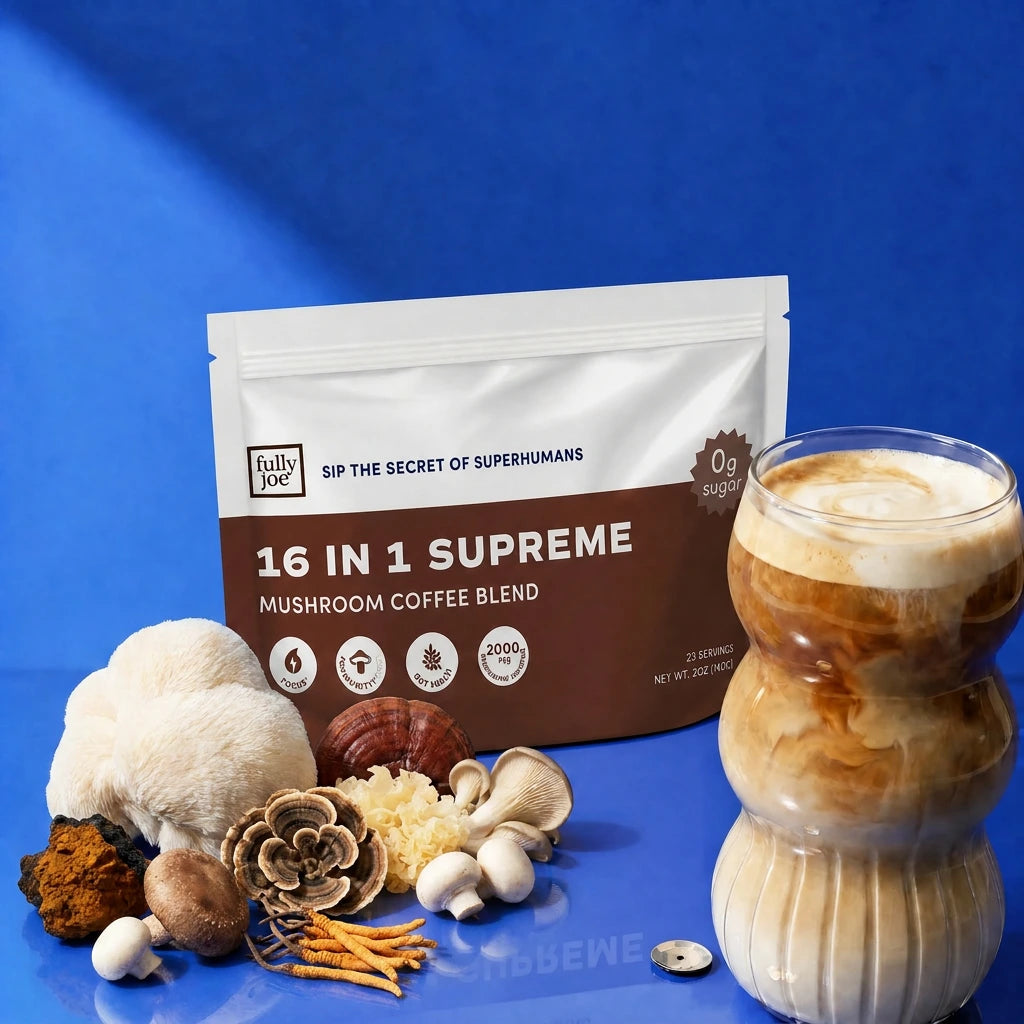 A package of Fully Nutrition 16 in 1 Mushroom Blend Coffee is displayed alongside a glass of iced coffee and an assortment of mushrooms, all set against a blue background.