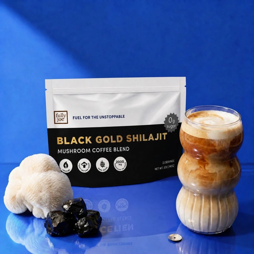 A package of Fully Nutrition Shilajit Coffee by Fully Nutrition, featuring a distinctive glass of coffee, a white mushroom, black stones, and a small capsule set against a blue background.