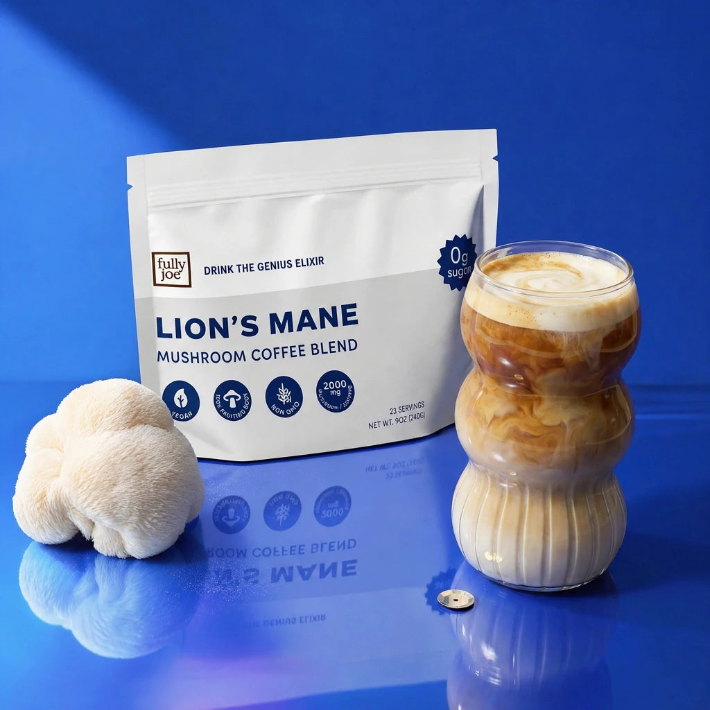 A packet of Fully Nutrition Lion's Mane sits beside a Lion’s Mane mushroom and a glass of iced coffee with milk, all arranged on a blue surface.