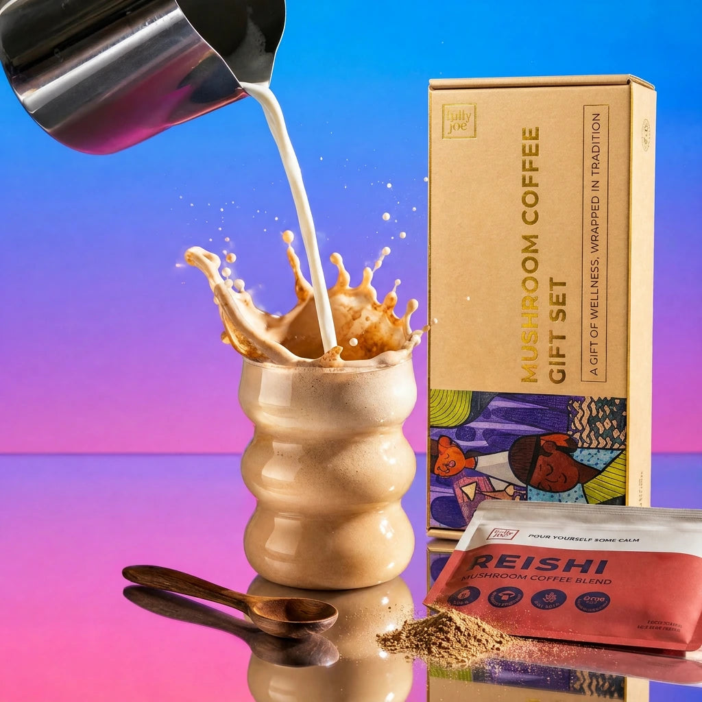 A metal jug pours milk into a wavy ceramic mug, creating a splash beside the Fully Nutrition Mushroom Coffee Gift Set and a Reishi coffee blend packet on a reflective surface.