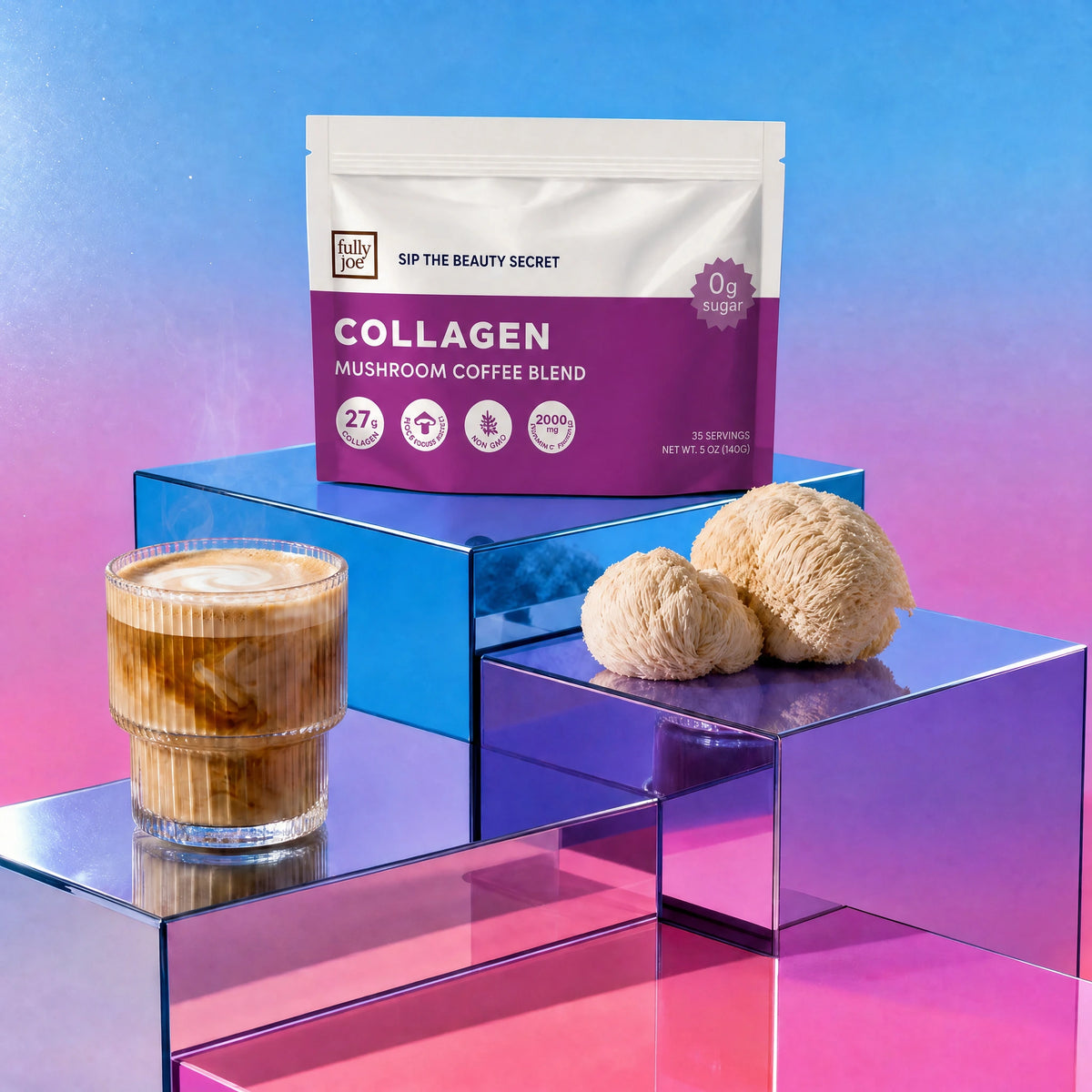 A glass of iced coffee, two lion’s mane mushrooms—renowned for their brain-boosting properties—and a packet of Fully Nutrition Collagen Mushroom Coffee from Fully Nutrition are arranged on iridescent glass blocks against a gradient blue and pink background.