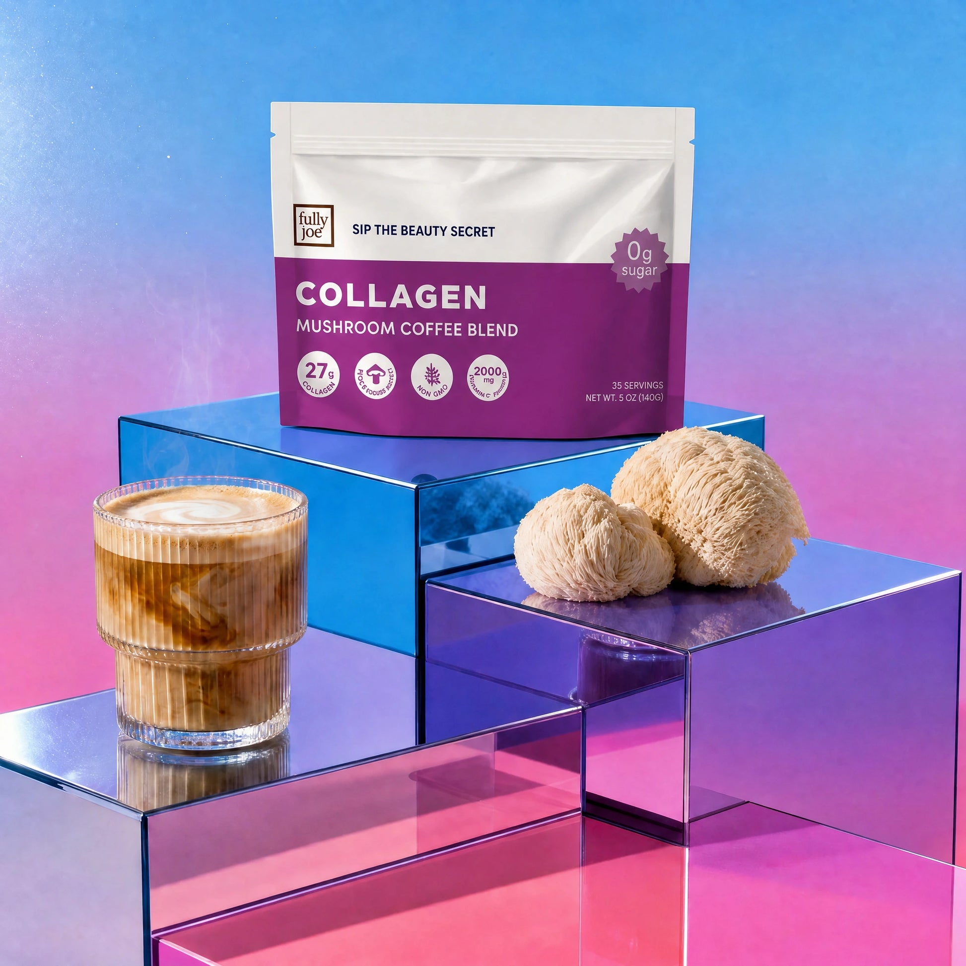 A glass of iced Fully Nutrition Collagen Mushroom Coffee alongside two whole mushrooms and a package of the Collagen Mushroom Coffee blend are artfully arranged on reflective purple and blue blocks, set against a vibrant gradient background that highlights the product’s age-defying benefits.