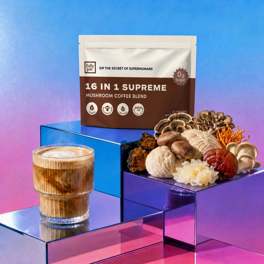 A packet of Fully Nutrition 16 in 1 Mushroom Blend Coffee, a glass of iced coffee, and various mushrooms displayed on clear blocks set against a vibrant gradient background.