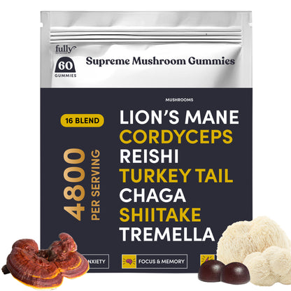 Package of "Fully Nutrition 16 in 1 Mushroom Gummies" displaying featured mushroom ingredients, serving size, and highlighted benefits for anxiety, focus, and memory support, with visuals of mushrooms and gummies along the bottom.