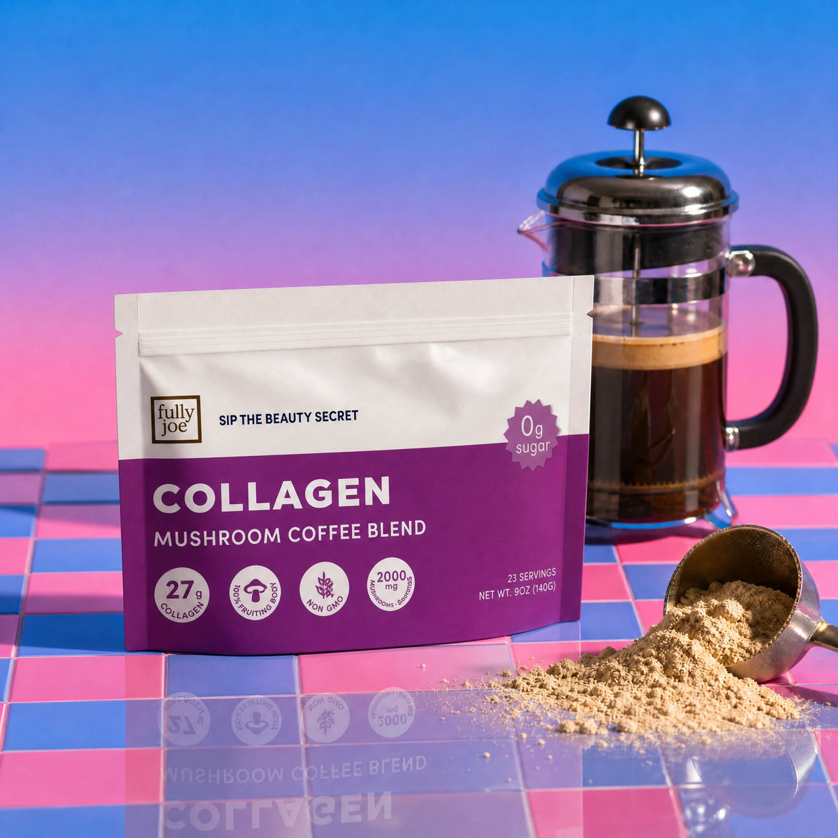 A bag of Fully Nutrition Collagen Mushroom Coffee from Fully Nutrition is displayed on a checkered surface, with a scoop of powder and a French press filled with this collagen- and mushroom-infused coffee blend in the background.