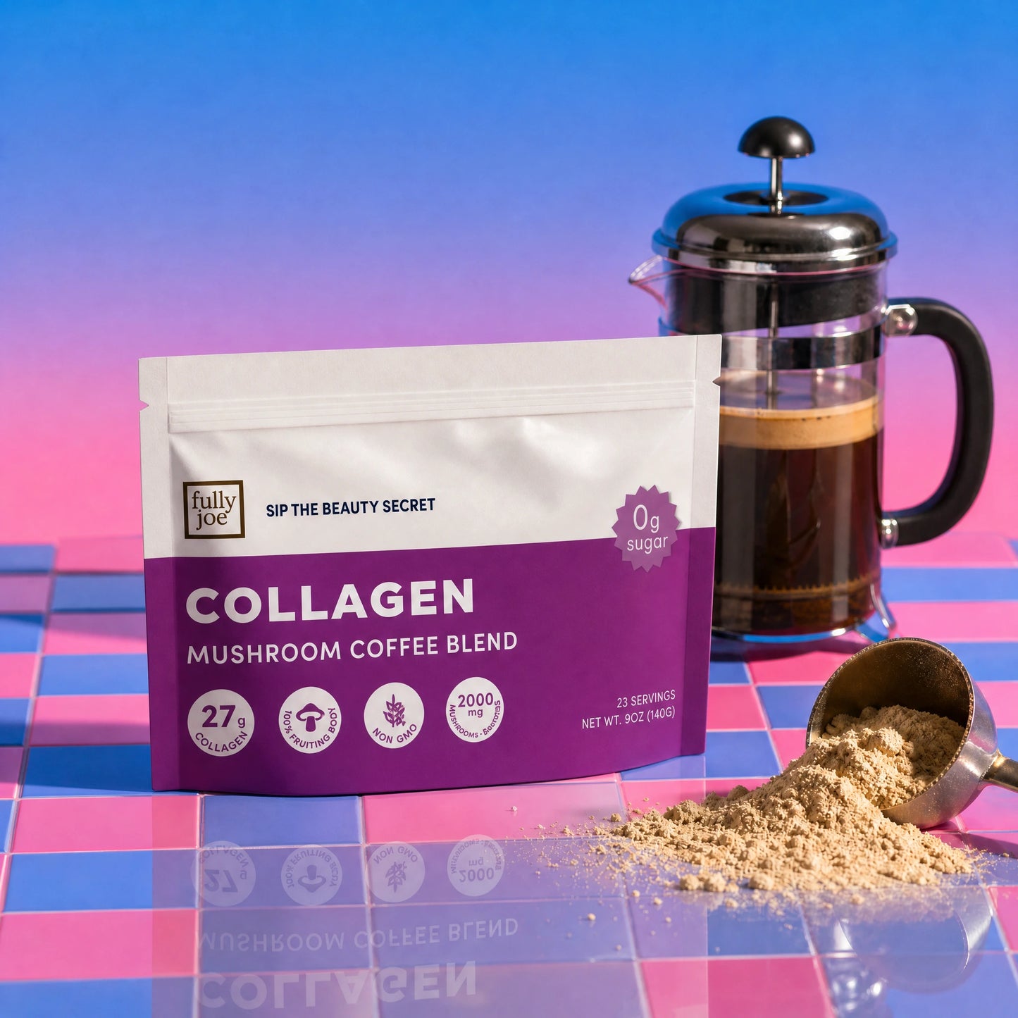 A bag of Fully Nutrition Collagen Mushroom Coffee rests on a colorful tiled surface, accompanied by a French press filled with rich, revitalizing coffee and a scoop of coffee powder, showcasing the ideal blend of brain-boosting mushrooms and age-defying collagen in every cup.
