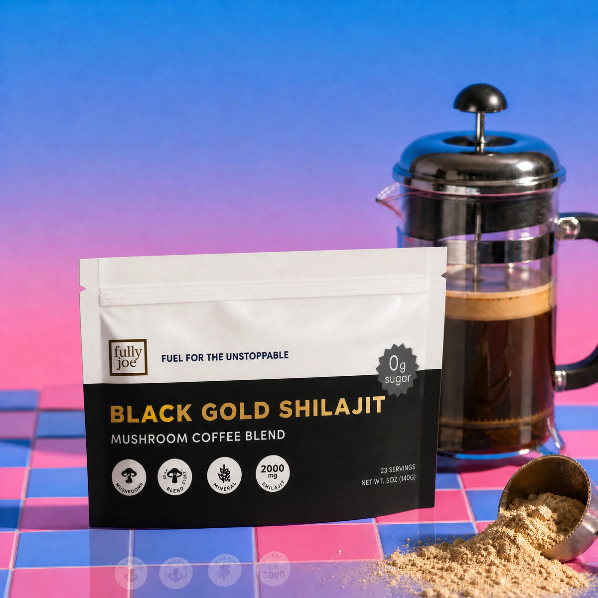 A bag of Fully Nutrition Shilajit Coffee by Fully Nutrition is displayed next to a French press and a spoonful of powder on a checkered surface with a pink and blue gradient background.