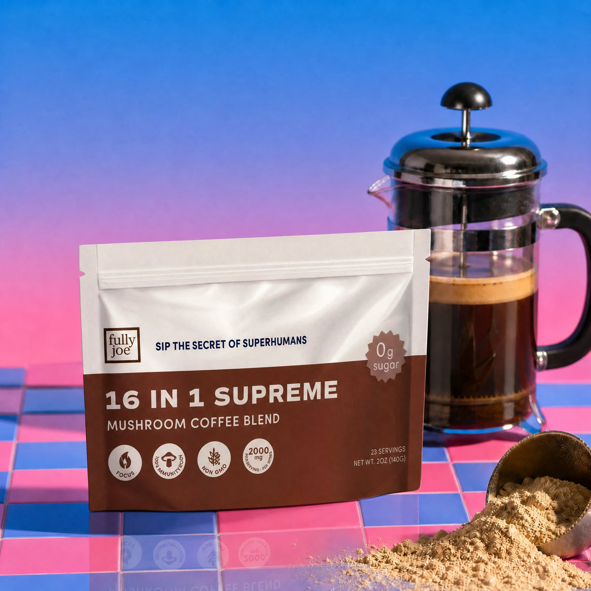A bag of Fully Nutrition 16 in 1 Mushroom Blend Coffee sits beside a French press and a scoop of powder on a pink and blue checkered surface.