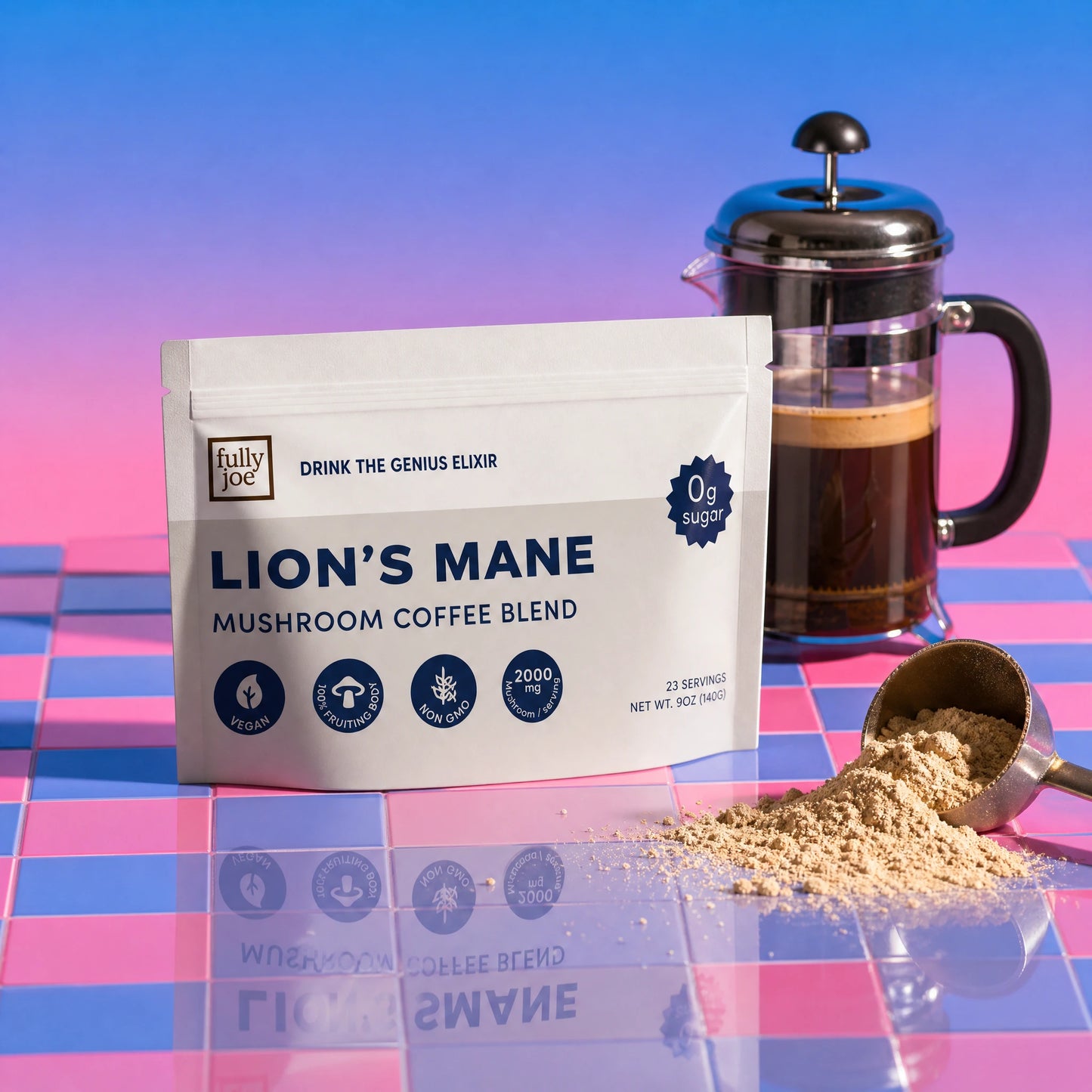 A bag of Fully Nutrition Lion's Mane coffee blend, a French press with brewed coffee, and a scoop of powder on a pink and blue checkered surface against a gradient background.