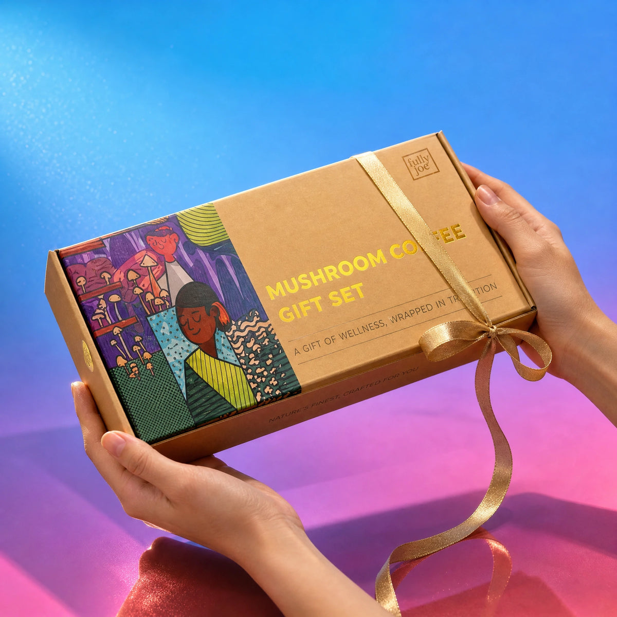 Two hands hold a brown rectangular box labeled "Mushroom Coffee Gift Set" by Fully Nutrition, adorned with a gold ribbon and colorful artwork, set against a blue and purple background.