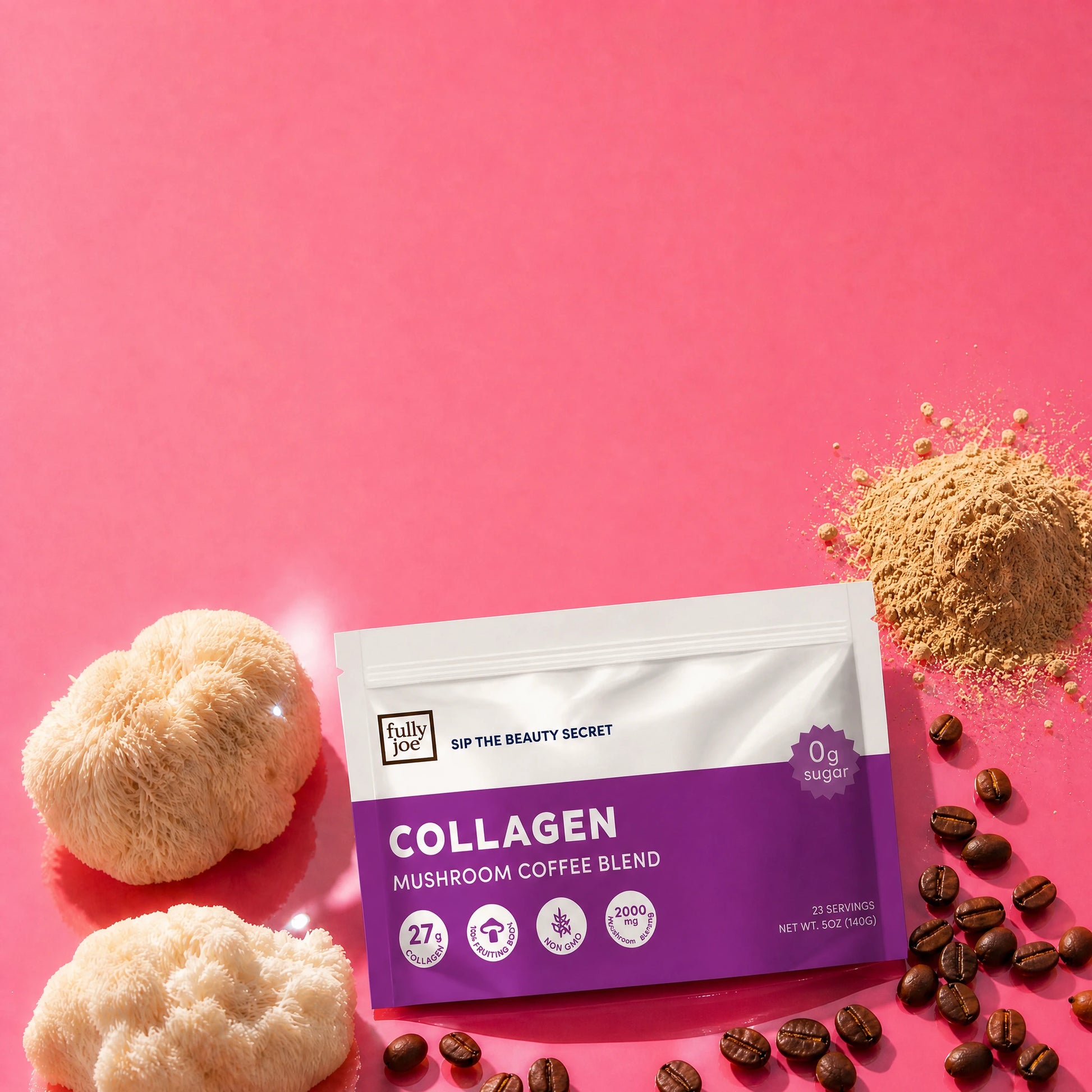 A packet of Fully Nutrition Collagen Mushroom Coffee is shown on a pink surface alongside whole mushrooms, coffee beans, and a mound of powdered blend—showcasing this rejuvenating beauty elixir enhanced with brain-supporting mushrooms for an unparalleled collagen coffee experience.