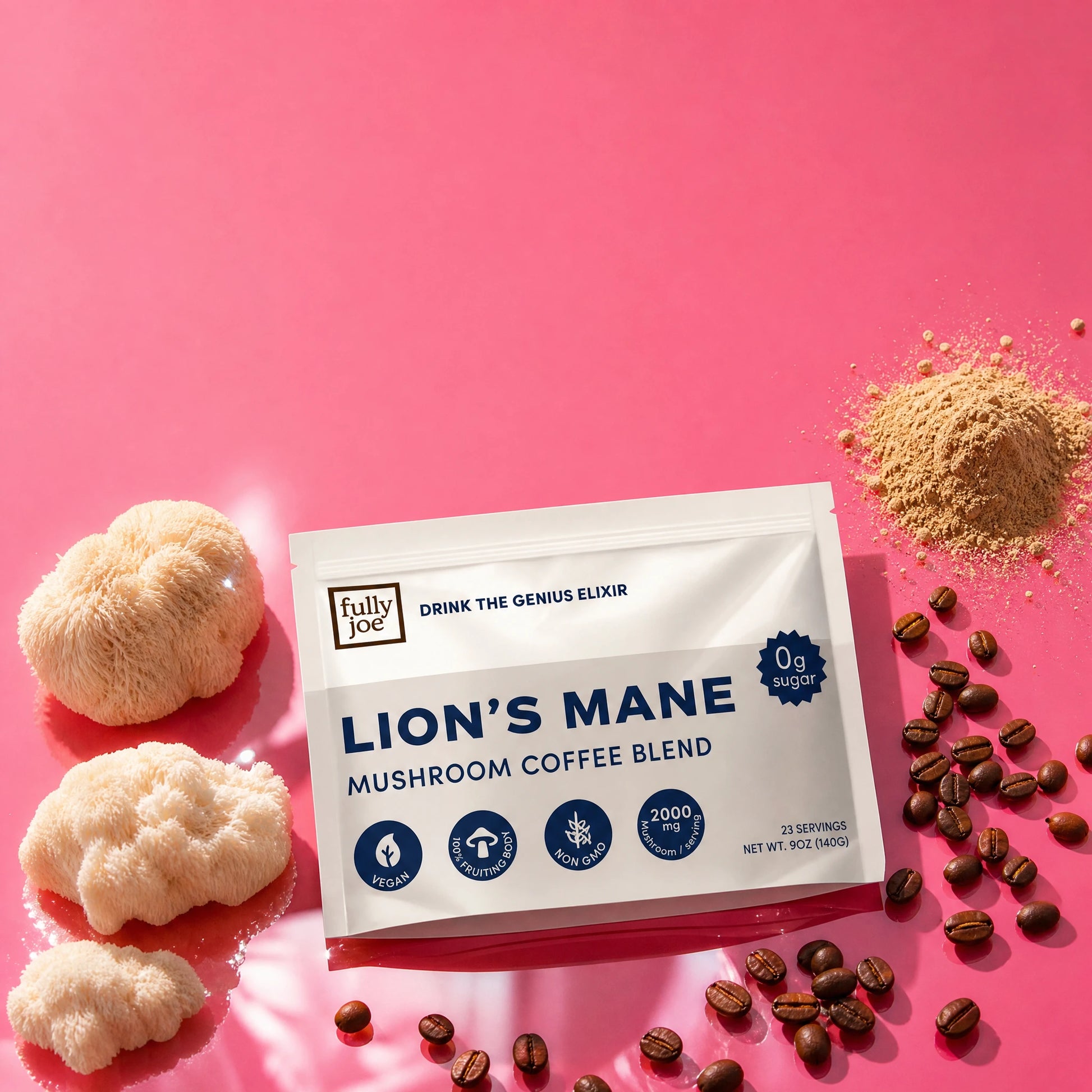 A bag of Fully Nutrition Lion's Mane sits on a pink surface, surrounded by mushroom pieces, coffee beans, and powder.